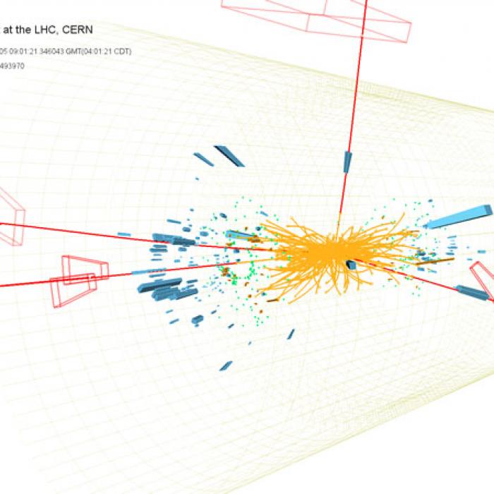 Real CMS proton-proton collisions events in which 4 high energy muons (red lines) are observed